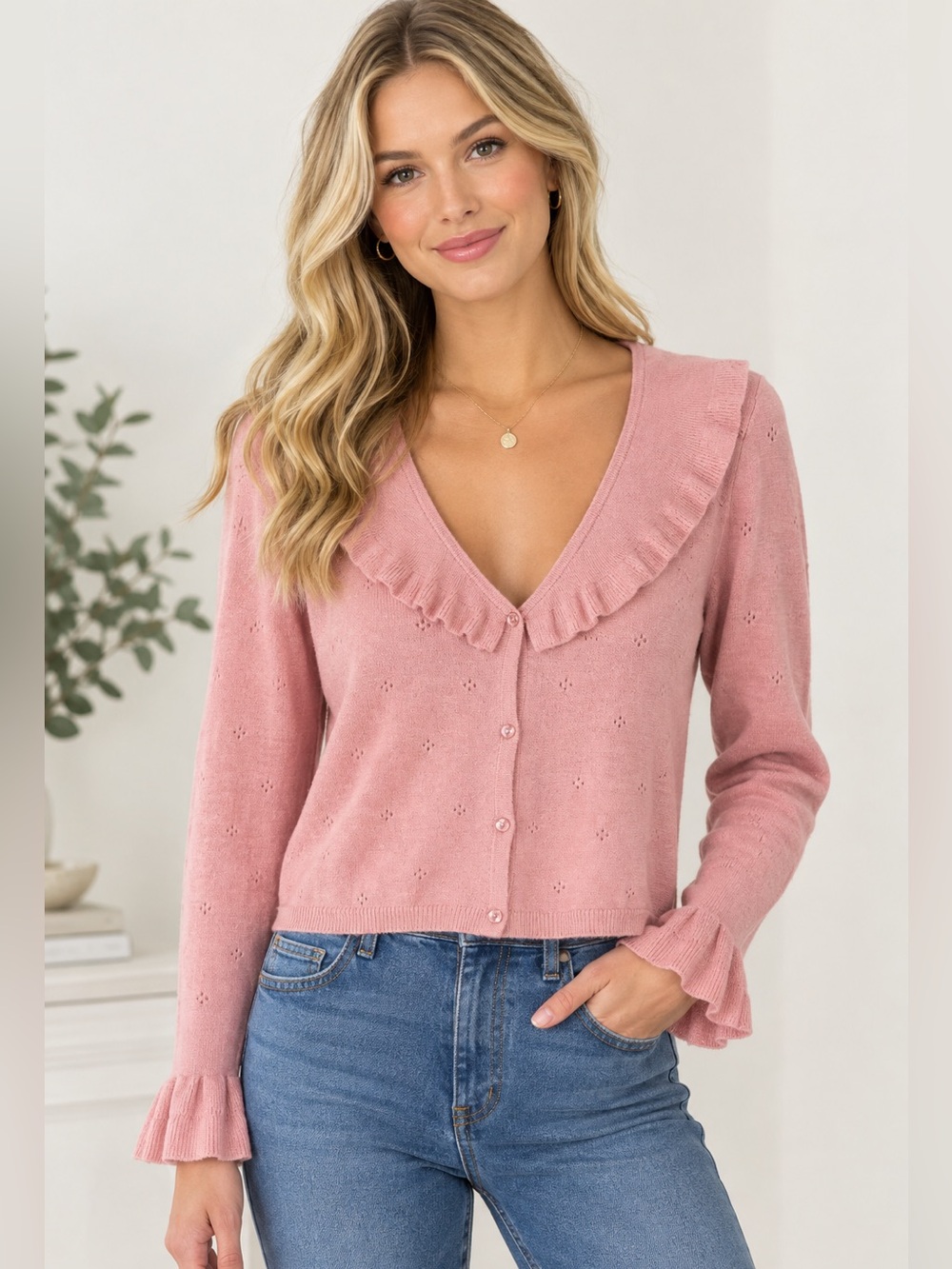 Wayf Blush Pink Ruffle V-Neck Button Cardigan Size Large